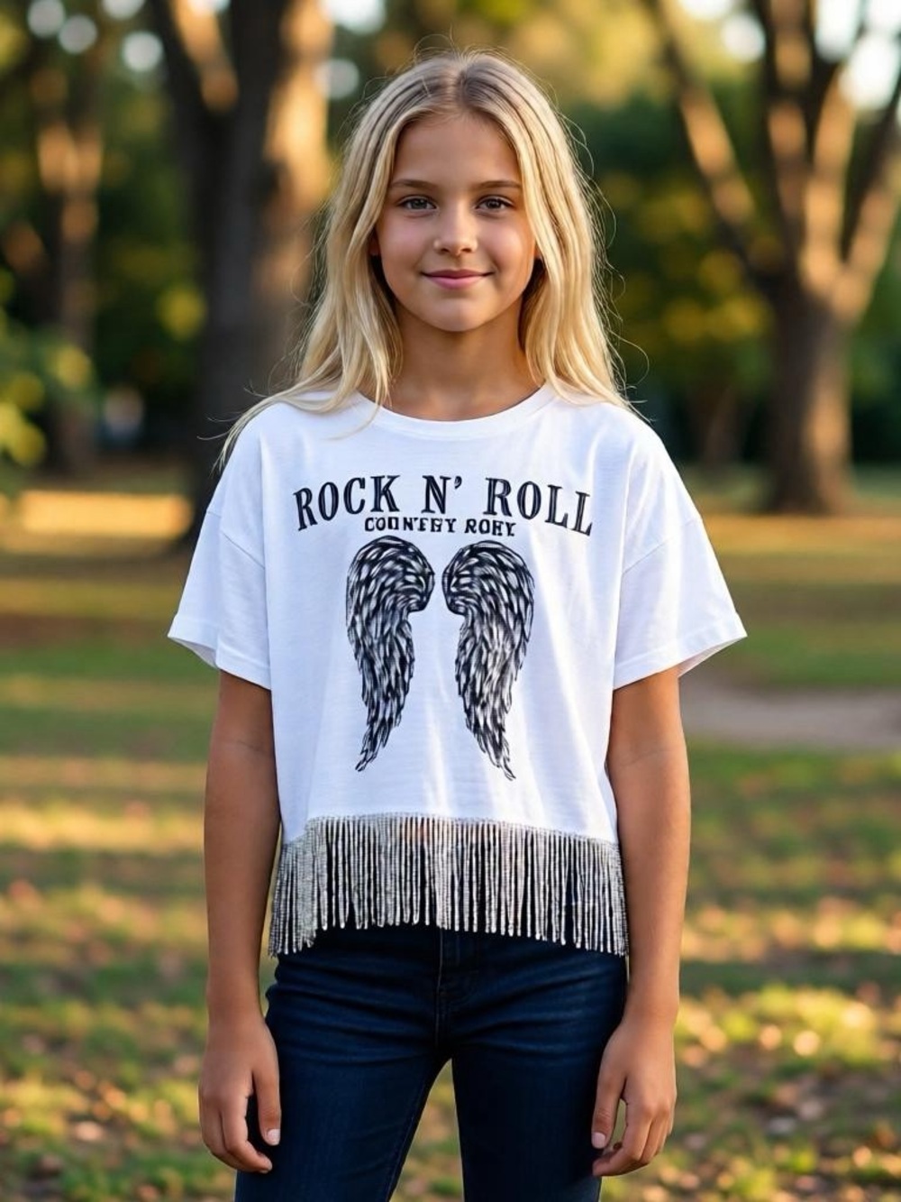 Girls Rock N' Roll Graphic Fringe Crop Tee - White (am)